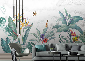 原创北欧手绘小清新热带植物花鸟背景壁画-版权可商用