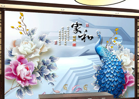 原创国色天香玉雕牡丹孔雀3D背景墙-版权可商用