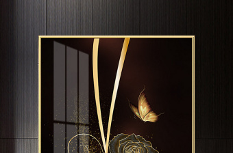 原创现代金箔抽象玫瑰花蝴蝶意境客厅北欧装饰画晶瓷画-版权可商用