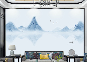 原创新中式抽象水墨山水风景线条背景墙装饰壁画-版权可商用