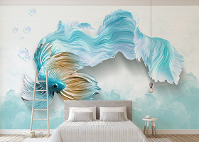原创现代3d立体抽象蓝孔雀鱼背景墙-版权可商用