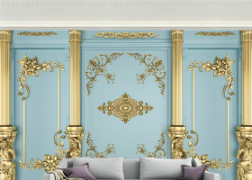 原创3d金色轻奢侈欧式雕花背景墙-版权可商用