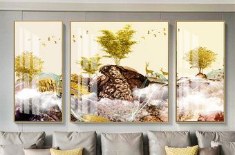 原创新中式现代抽象山水森林麋鹿北欧客厅装饰画-版权可商用
