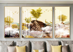 原创新中式现代抽象山水森林麋鹿北欧客厅装饰画-版权可商用