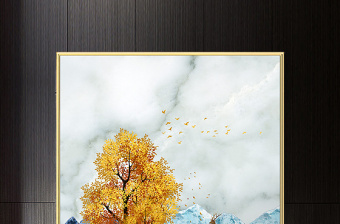 原创新中式金色线条山脉发财树麋鹿抽象晶瓷装饰画-版权可商用