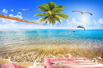 原创美丽海景椰树爱情海豚电视背景墙-版权可商用
