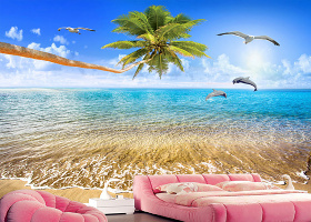 原创美丽海景椰树爱情海豚电视背景墙-版权可商用