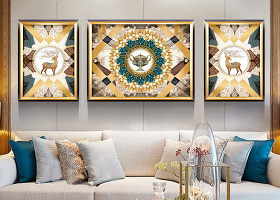 原创轻奢欧式古典复古抽象金色麋鹿奢华客厅装饰画-版权可商用