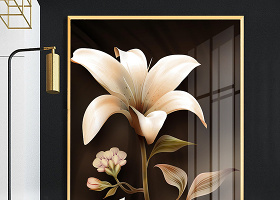 原创手绘百合花现代简约金色花卉轻奢玄关装饰画-版权可商用