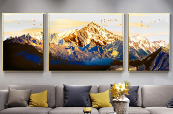 原创新中式意境金色山水风景现代简约客厅装饰画-版权可商用