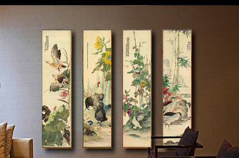 原创工笔花鸟中式国画客厅四联工笔装饰画-版权可商用