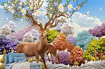 原创北欧3D浮雕梦幻森林鹿沙发电视背景墙壁画-版权可商用