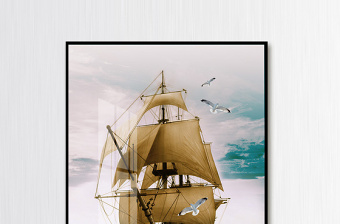 原创欧式手绘油画一帆风顺大海帆船飞鸟玄关装饰画-版权可商用