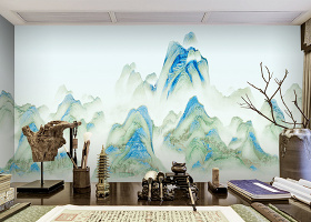 原创新中式水墨山水千里江山图背景墙装饰画壁画-版权可商用