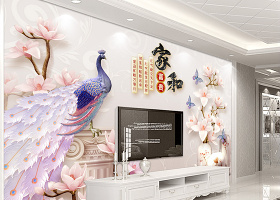 原创家和富贵3D立体浮雕孔雀玉兰花电视背景墙-版权可商用