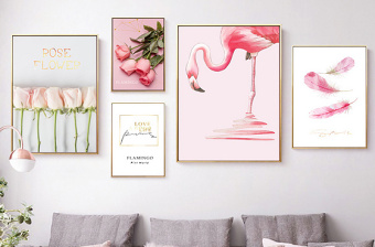 原创现代简约粉色玫瑰花卉小清新北欧组合装饰画-版权可商用