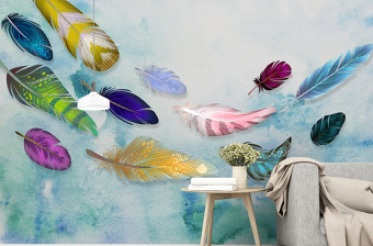 原创美式简约时尚彩色手绘羽毛纹理艺术背景墙-版权可商用