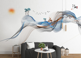 原创新中式手绘抽象线条水墨山水麋鹿背景墙-版权可商用
