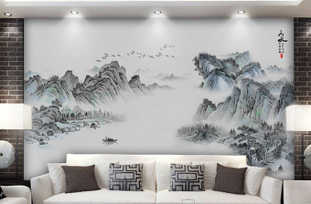 原创新中式意境抽象水墨山水客厅背景墙壁画-版权可商用