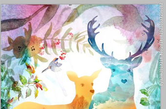 北欧麋鹿森林色彩水墨玄关屏风背图片