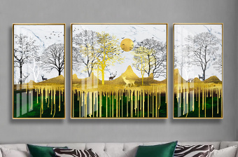原创现代简约金色抽象森林麋鹿风景三联装饰画-版权可商用