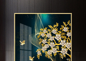 原创现代时尚轻奢手绘金色发财树斑马晶钻晶瓷装饰画-版权可商用