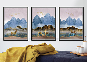 原创现代时尚奢华北欧金箔抽象森林麋鹿客厅装饰画-版权可商用