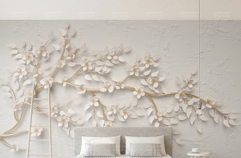 原创金色树枝白色花朵3d立体浮雕电视背景墙-版权可商用