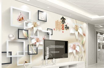 原创3D立体浮雕珠宝百合花家和富贵电视背景墙-版权可商用