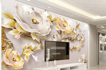 原创现代简约3D立体浮雕牡丹新中式电视背景墙-版权可商用