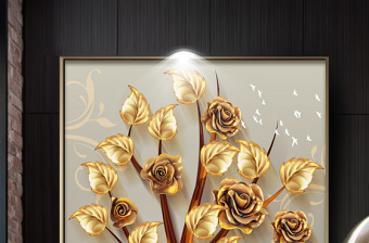 原创欧式立体浮雕发财树麋鹿玫瑰玄关背景墙壁画-版权可商用