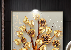 原创欧式立体浮雕发财树麋鹿玫瑰玄关背景墙壁画-版权可商用