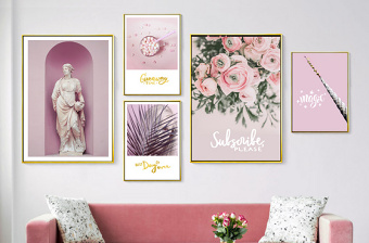 原创北欧ins现代简约小清新粉色雕塑鲜花卉组合照片墙装饰画-版权可商用