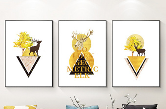 原创现代简约抽象几何金色森林麋鹿鹿三联装饰画-版权可商用