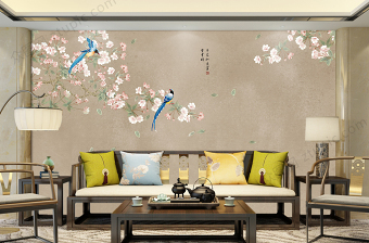 玉兰花工笔花鸟新中式背景墙装饰画